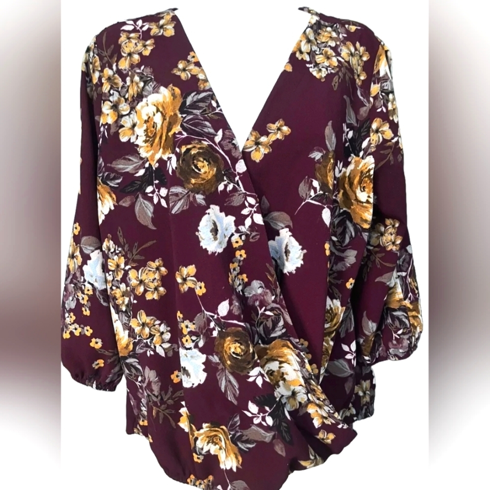 Apt 9 | Lg | Burgundy Floral 3/4 Sleeve Crossover Blouse